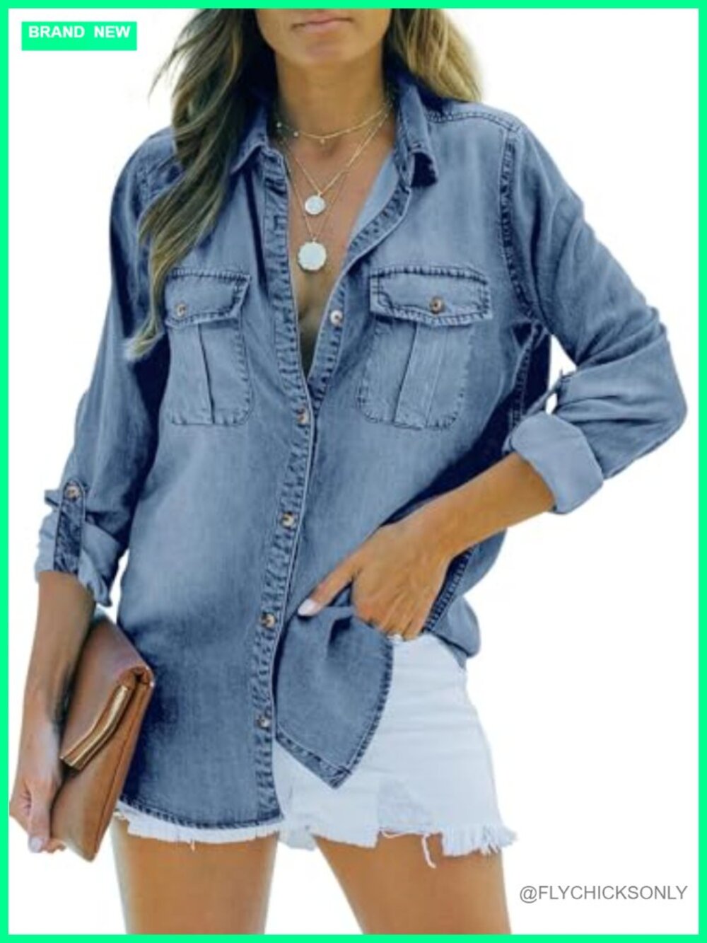 Button Down Denim Shirt Oversized Long Sleeve Roll Up Casual Jean Jacket Tunic - Picture 2 of 7